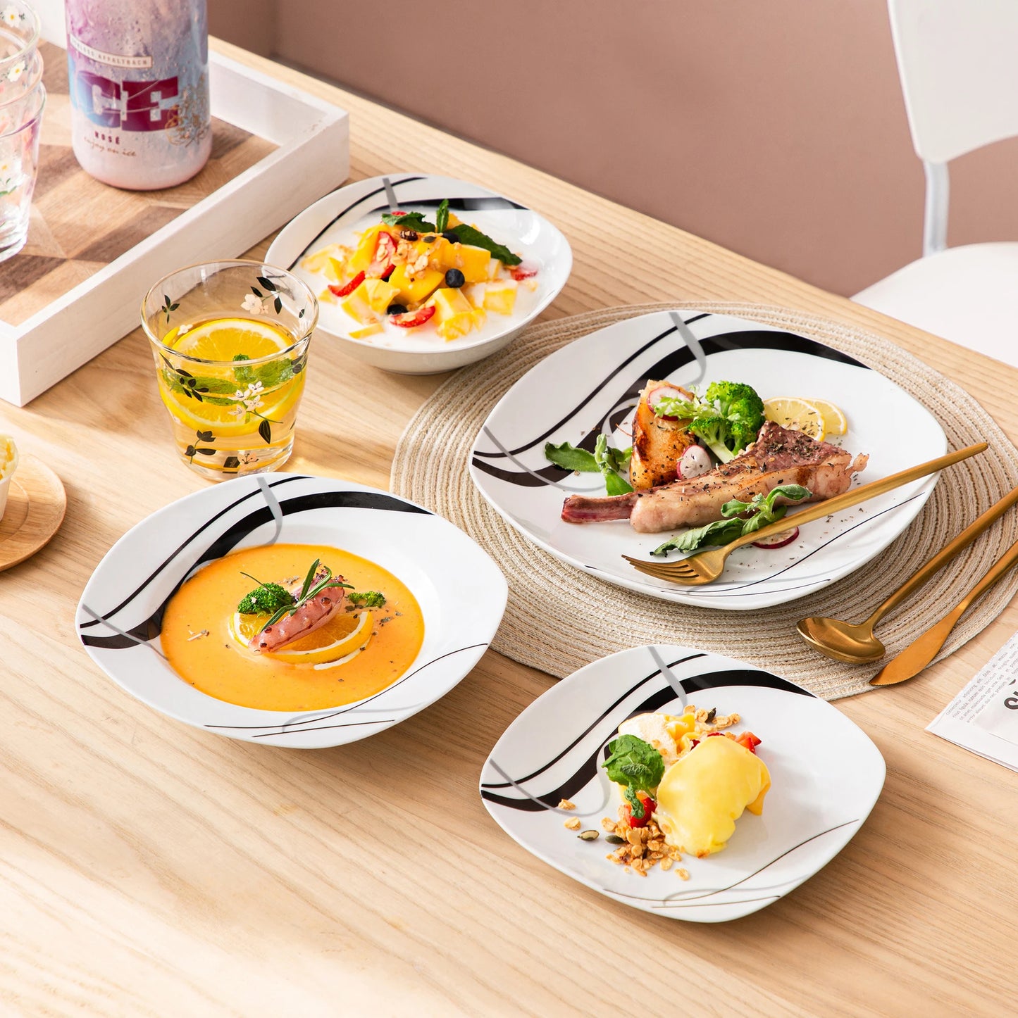 Vaisselle porcelaine 6 personnes - FIONA - 24 pièces