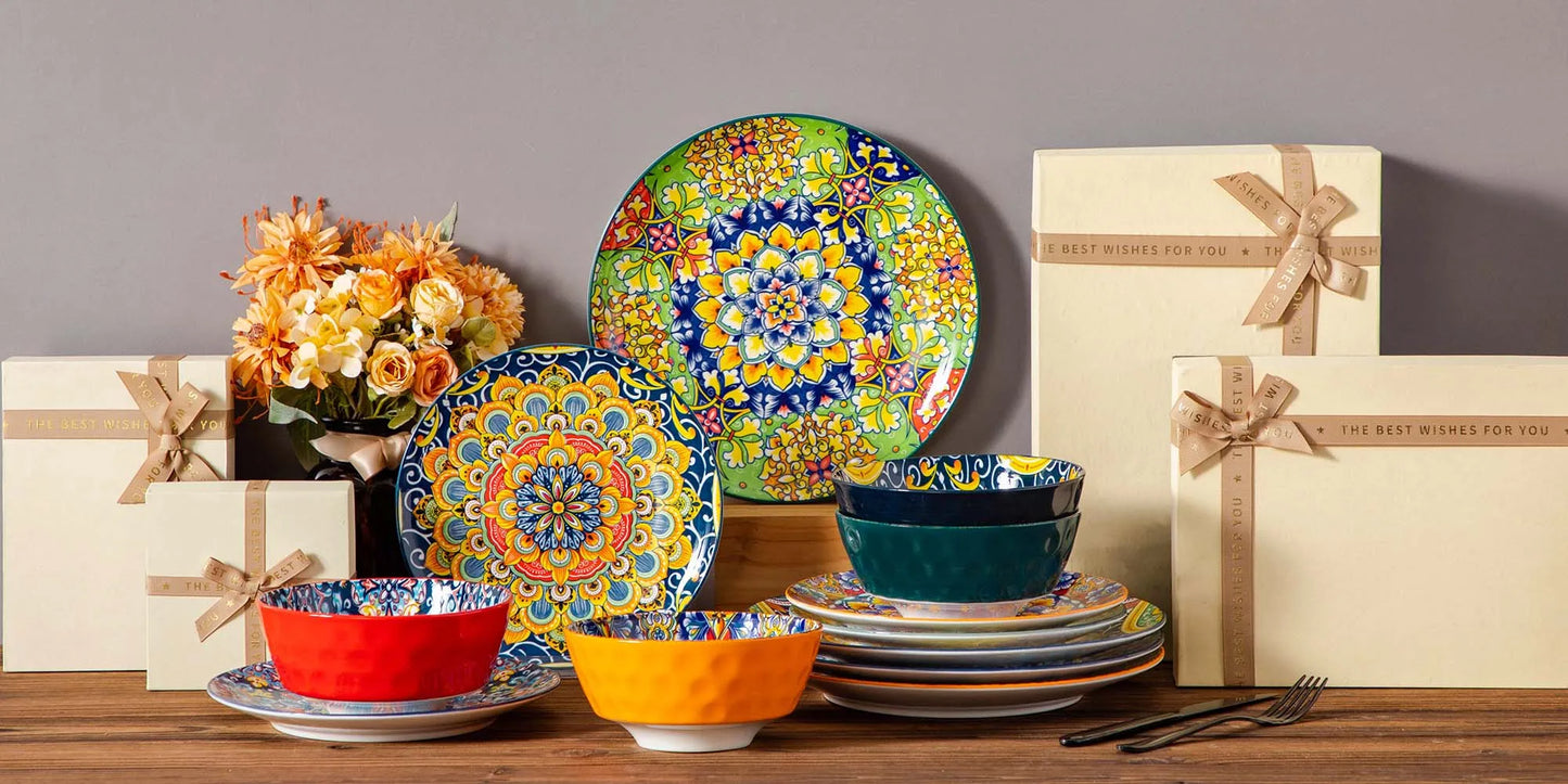 Vaisselle porcelaine 4/8 personnes - BOHO - 12 à 24 pièces