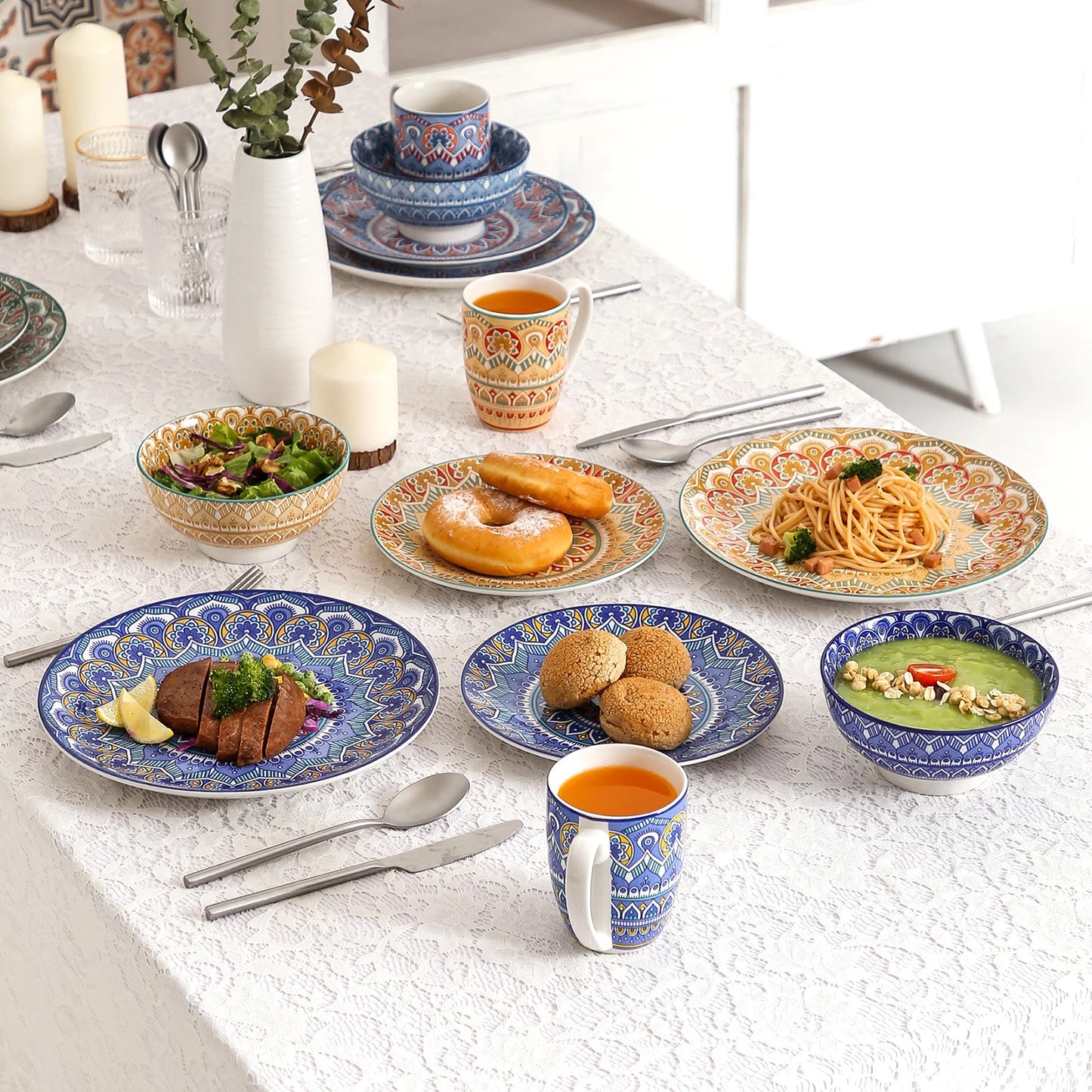 Vaisselle porcelaine 4/12 personnes - MANDALA - 16 à 48 pièces
