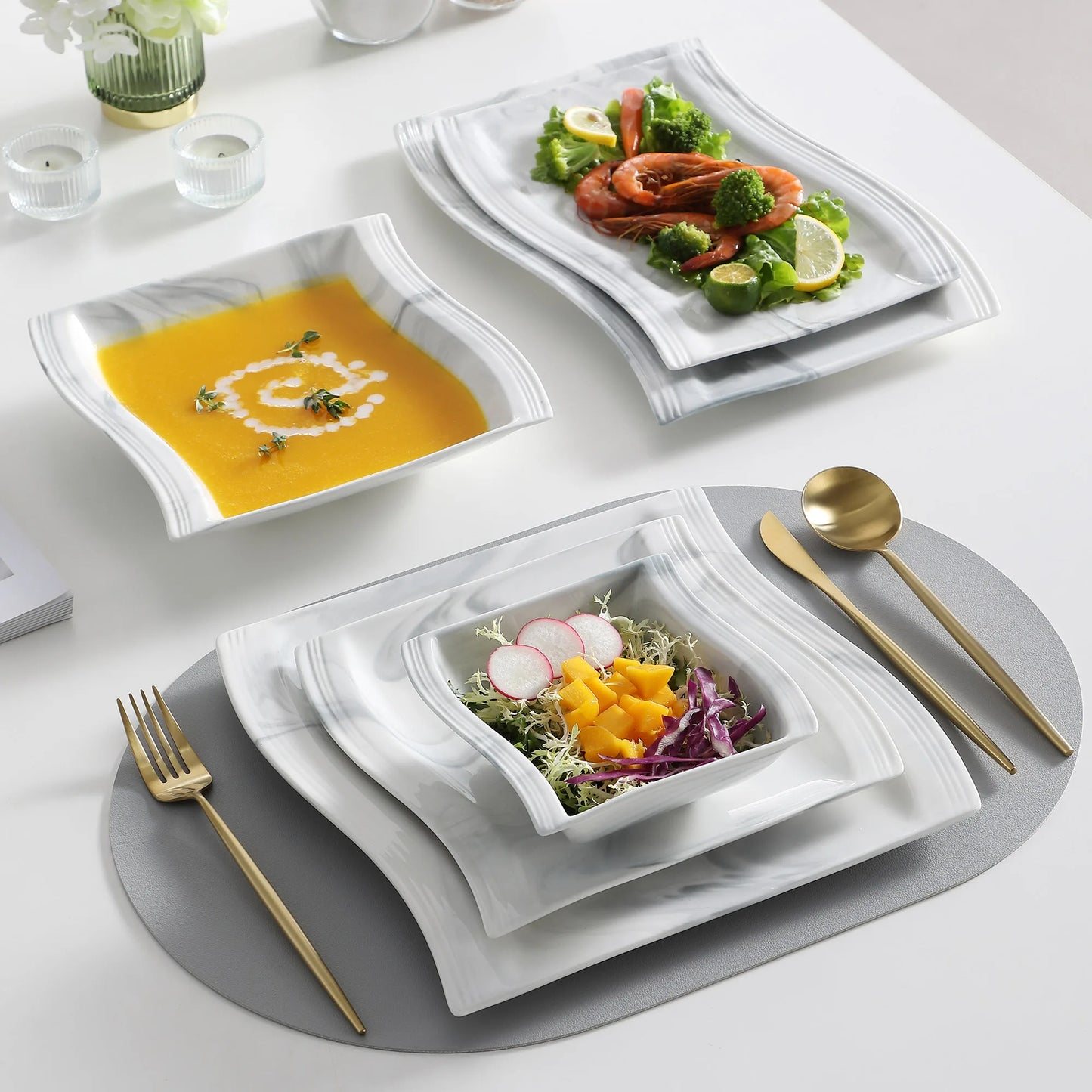 Vaisselle porcelaine 6 personnes - FLORA - 26 pièces