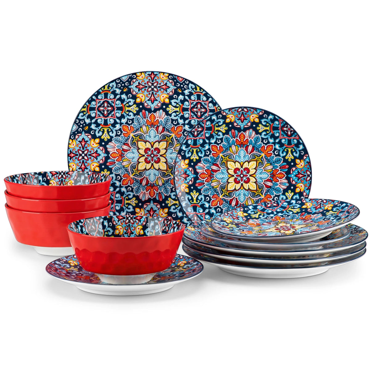 Vaisselle porcelaine 4/8 personnes - BOHO - 12/24 pièces Novia Home 141004Red277632133610121346668224P