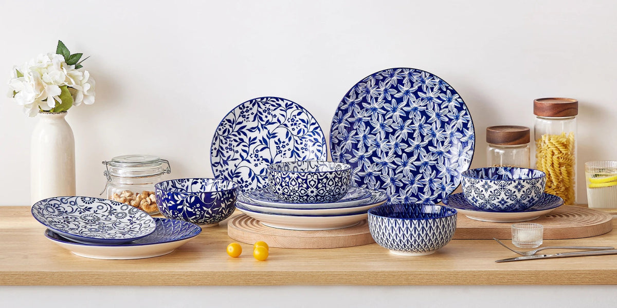 Vaisselle céramique 4/12 personnes - ZION Service 12/32 pièces Novia Home 14-350686-BlueWhite-200007763-201336101-12PCS