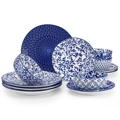 Vaisselle céramique 4/12 personnes - ZION Service 12/32 pièces Novia Home 14-350686-BlueWhite-200007763-201336101-12PCS