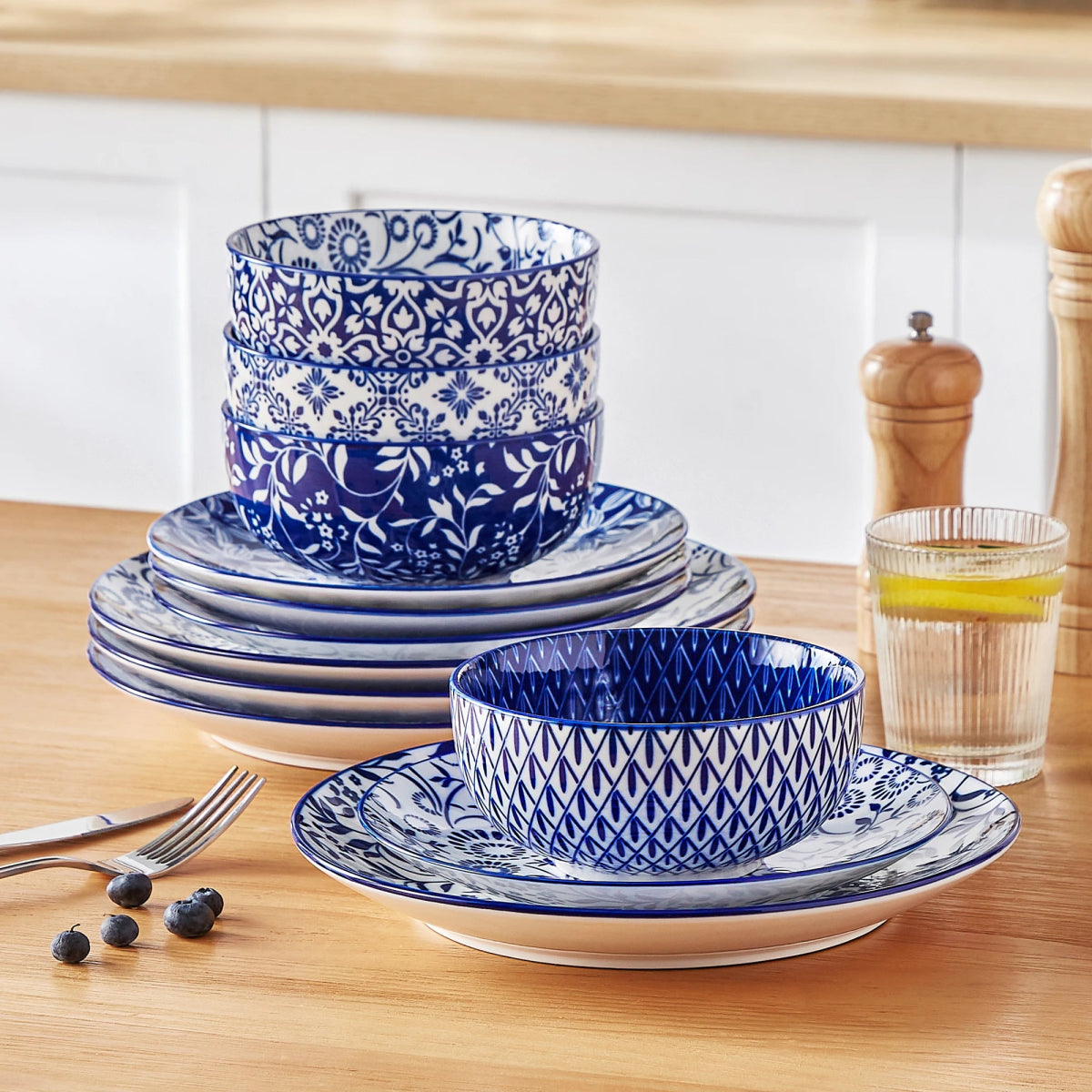 Vaisselle céramique 4/12 personnes - ZION Service 12/32 pièces Novia Home 14-350686-BlueWhite-200007763-201336101-12PCS
