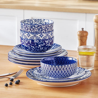 Vaisselle céramique 4/12 personnes - ZION Service 12/32 pièces Novia Home 14-350686-BlueWhite-200007763-201336101-12PCS