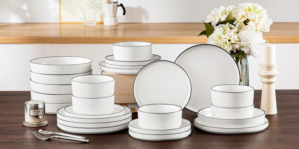 Vaisselle céramique 4/6 personnes - MALA 12/24 pièces Novia Home 14350686BlackRim2776320133610121346668212PCS