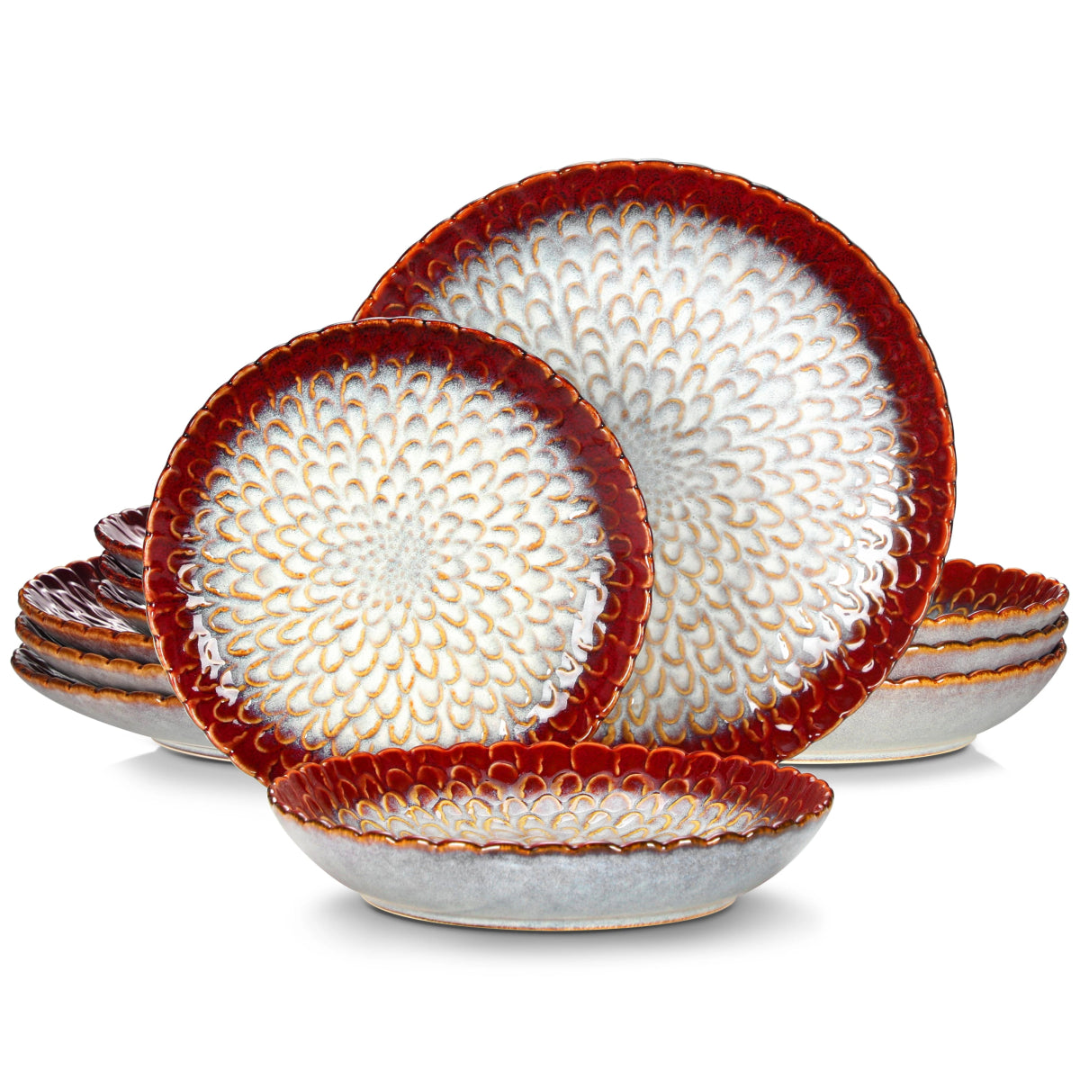 Vaisselle en grès 4/8 personnes - CHRYS - 12/24 pièces Novia Home 1410Red2776320133610121346668212pcs