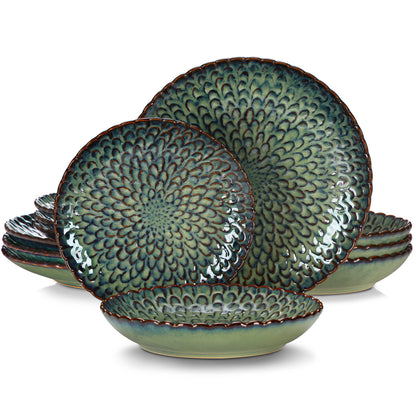 Vaisselle en grès 4/8 personnes - CHRYS - 12/24 pièces Novia Home 14350853Green2776320133610121346668212pcs