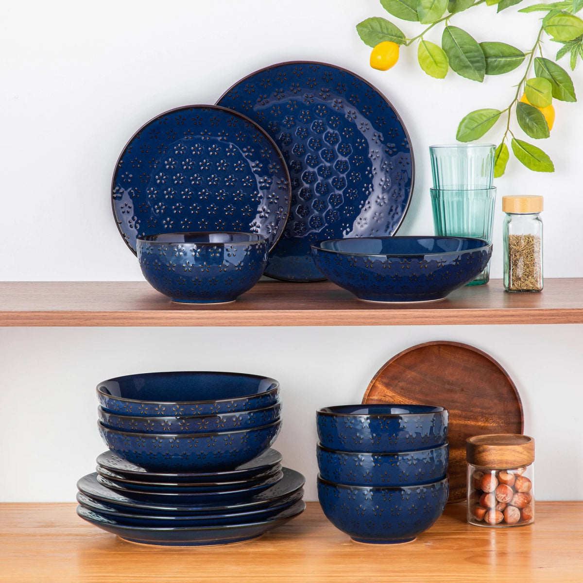 Vaisselle en grès 4/8 personnes - LYDIA - 16/32 pièces Novia Home 14350686FLBLEU2776320133610121346668216P