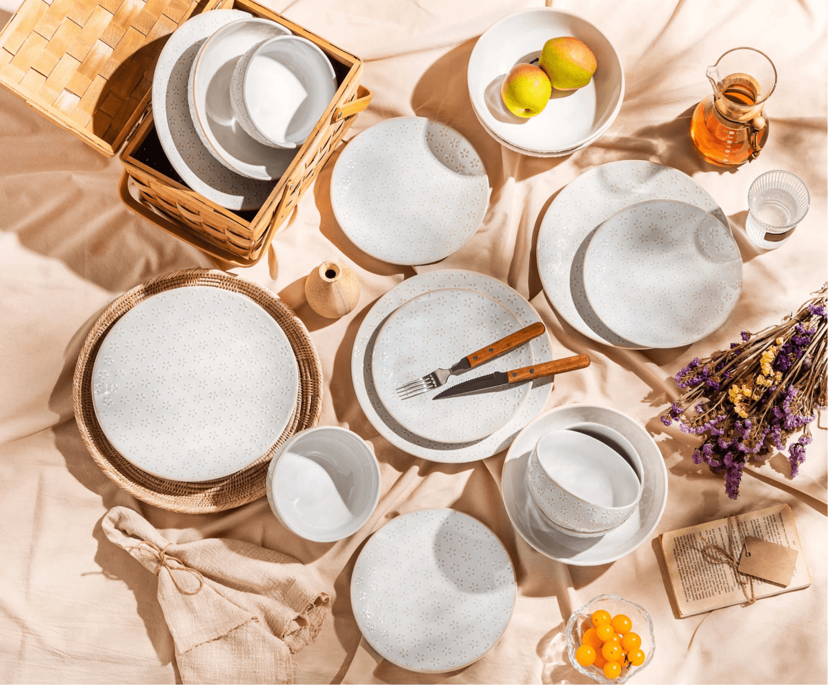 Vaisselle en grès 4/8 personnes - LYDIA - 24/48 pièces Novia Home 14350686FlowerLeaf2776320133610121346668232PI