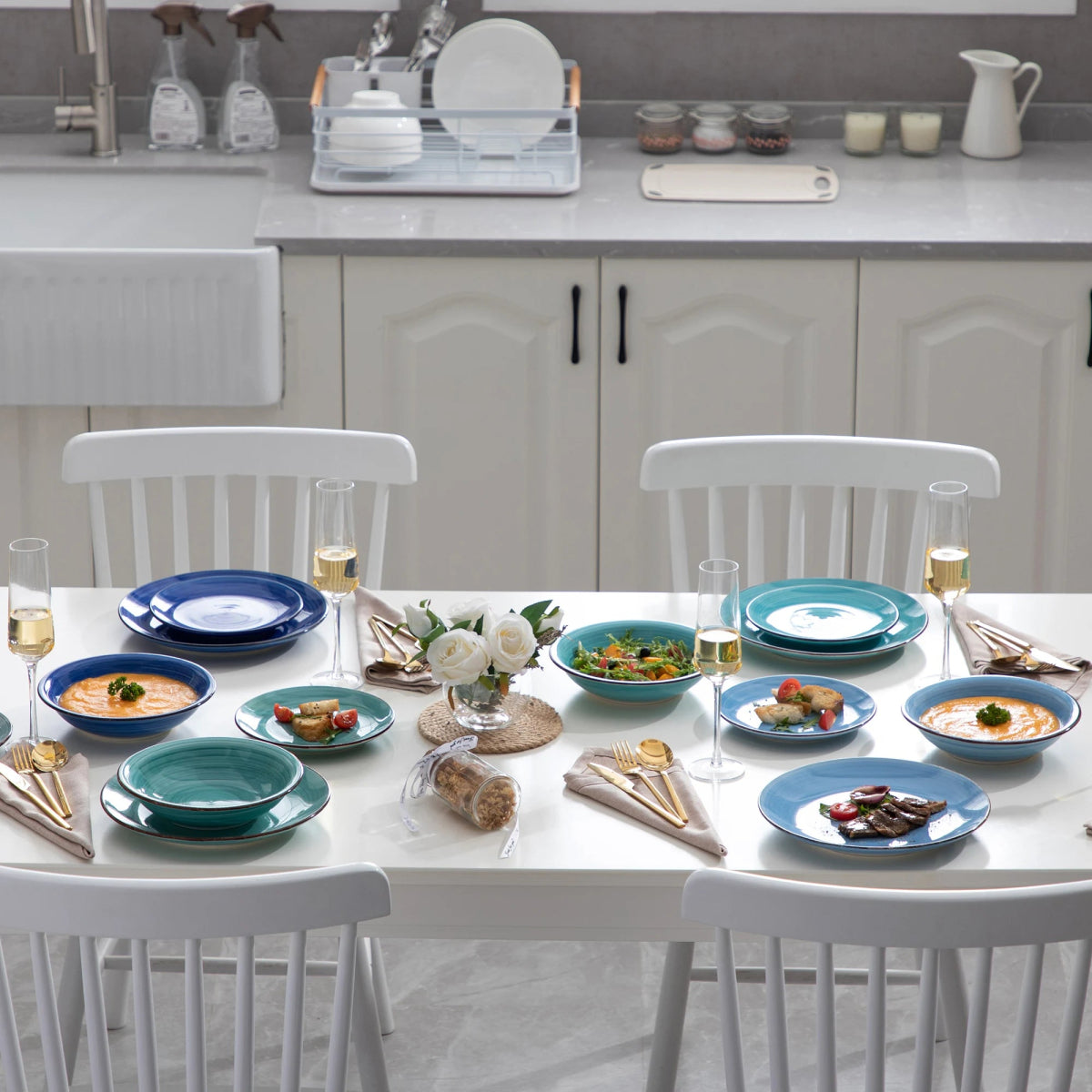 Vaisselle en Grès 6/12 personnes - BONITA - 18/36 pièces Novia Home 14-10-18pcs-BLUE-200007763-201336101