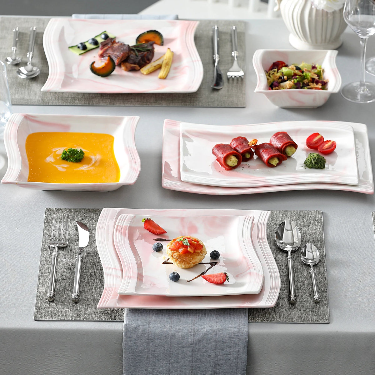Vaisselle porcelaine 6 perosnnes - FLORA - 26 pièces Novia Home 1419326PPink2776321336101