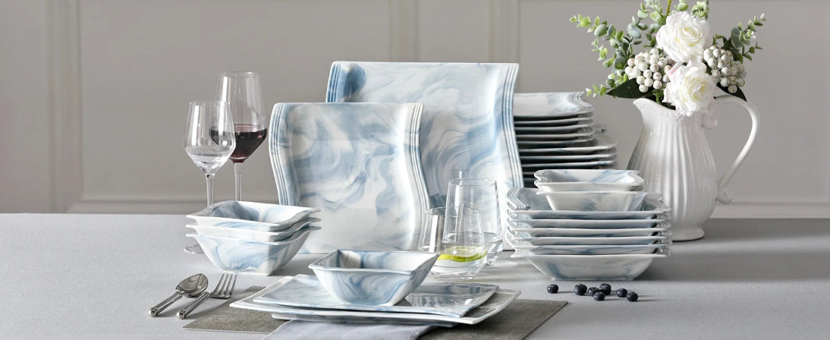 Vaisselle porcelaine 6 personnes - FLORA - 26 pièces Novia Home 1419326PBlue2776321336101