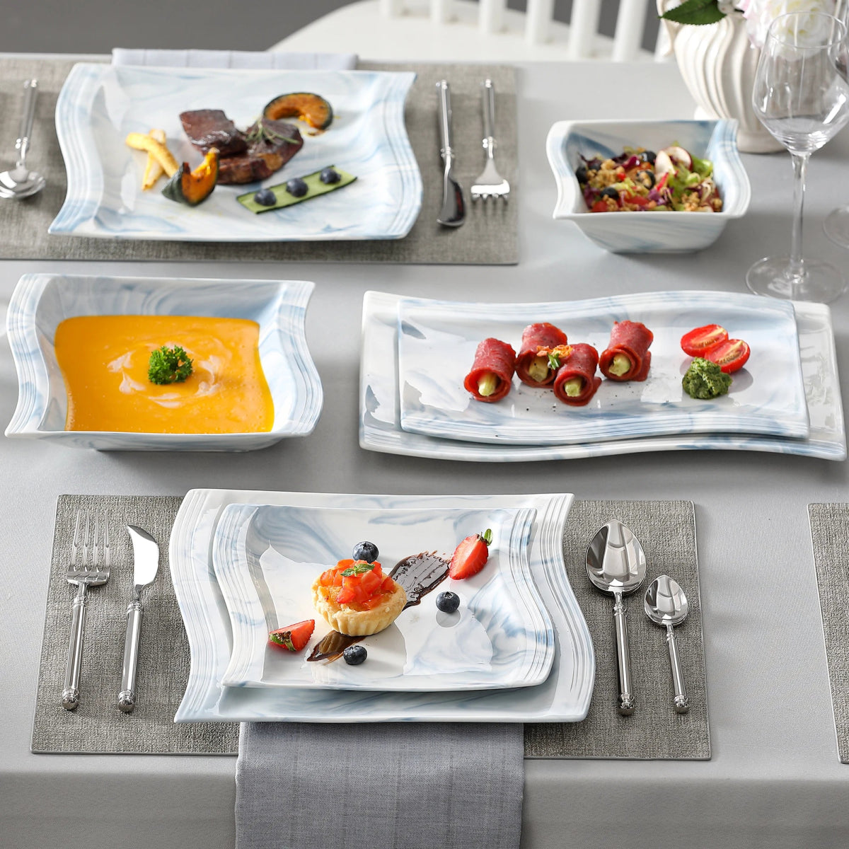 Vaisselle porcelaine 6 personnes - FLORA - 26 pièces Novia Home 1419326PBlue2776321336101
